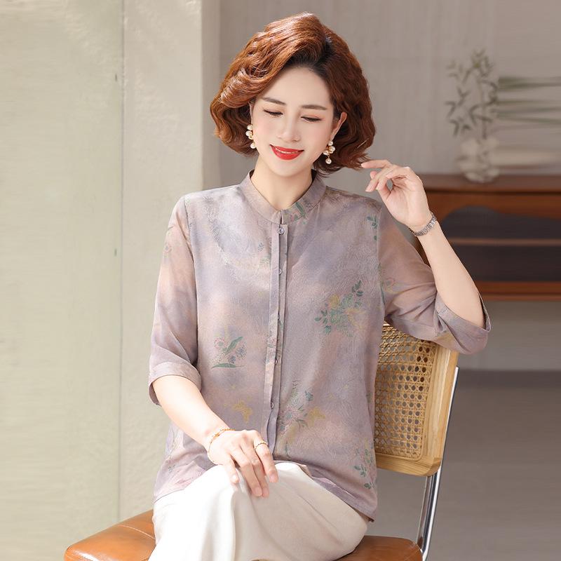 

Women s Seven-Sleeve Chinese Style Summer Cardigan - Printed Stand Collar Top for Middle-Aged & Elderly L (recommended 40-50 kg) фіолетовий