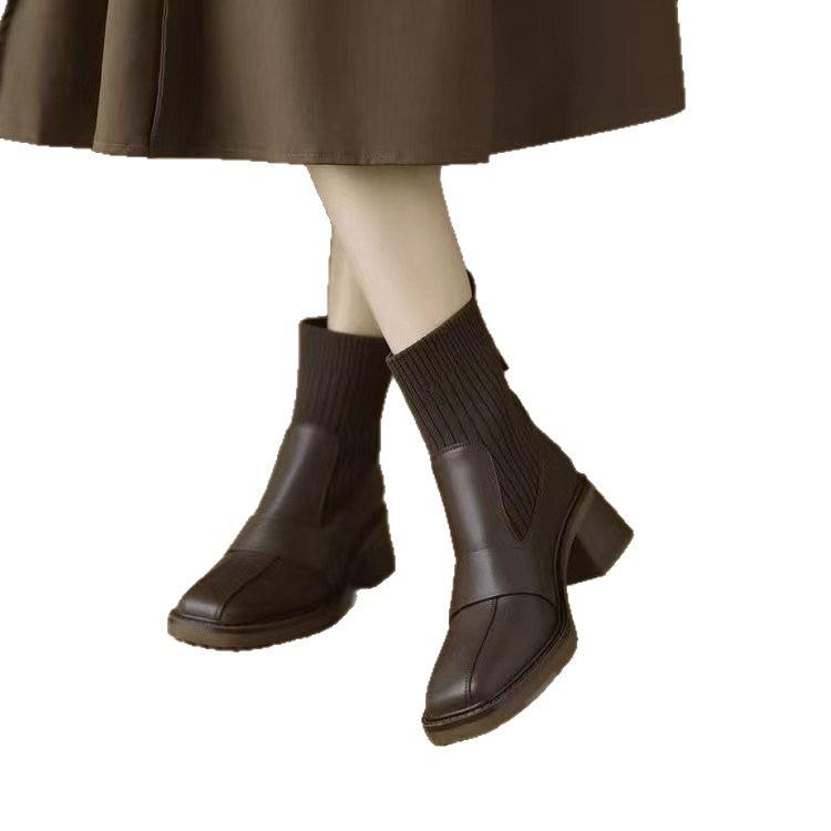 New Knitted Tube Thick Heel Short Boots Women's 2025 Autumn and Winter French High Heel Thin Boots Brown Martin Boots Elastic Socks Boots