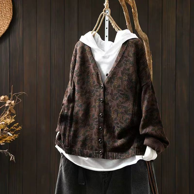 Johnature Women Vintage Print Leaf Sweaters V-Neck Long Sleeve Knitted Casual Autumn Loose Soft Sweaters One Size 3579₽