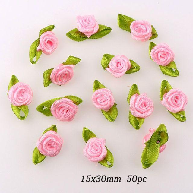 50/100pcs Artificial Fabric Flower and Green Leaf Color Mix Small Ribbon Rose Decoration for Crafts DIY Sewing Decoration