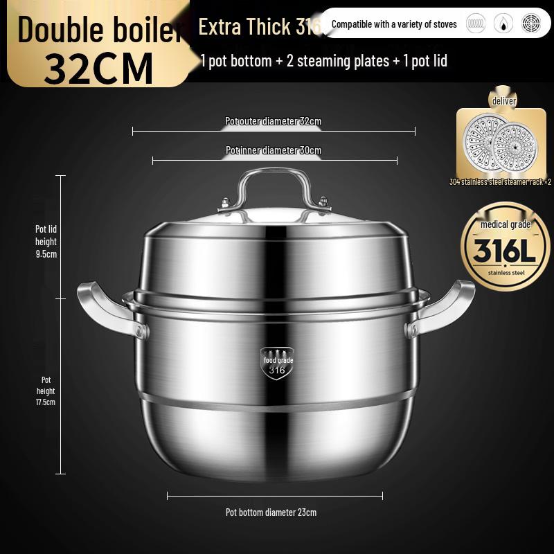 Tall and Thick 316 Stainless Steel Multi-Layer Steamer Pot with Integrated Molding and Food-Grade Steaming Basket