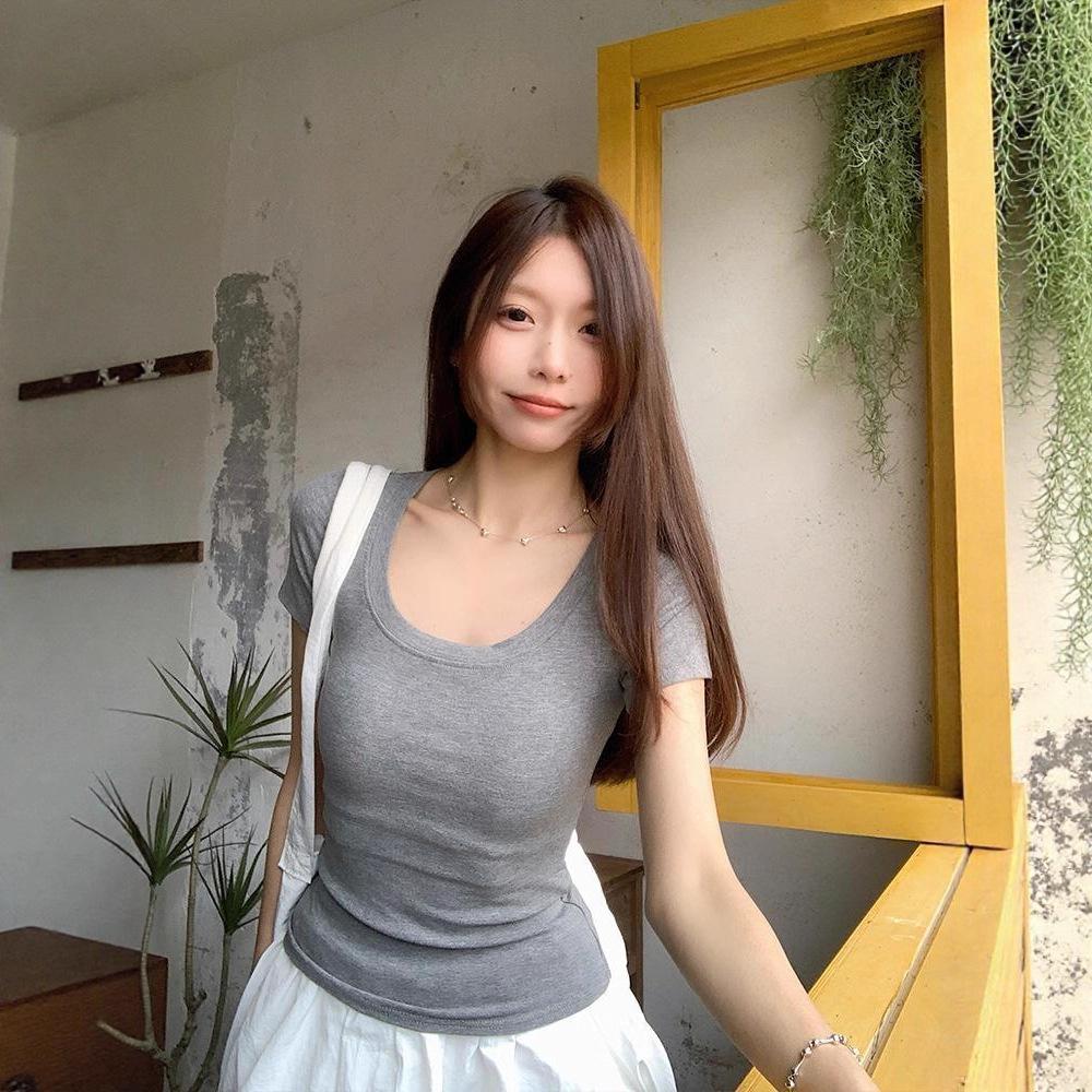 U-neck slim-fitting short-sleeved women's summer new Spice Girl short pure lust and thin student top