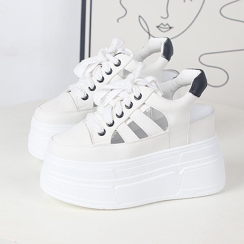 Fashion 11CM Hollow Full Cow Genuine Leather Women Summer Shoes Platform Sneakers Wedge Hidden Heel Women Summer Sandals Platform