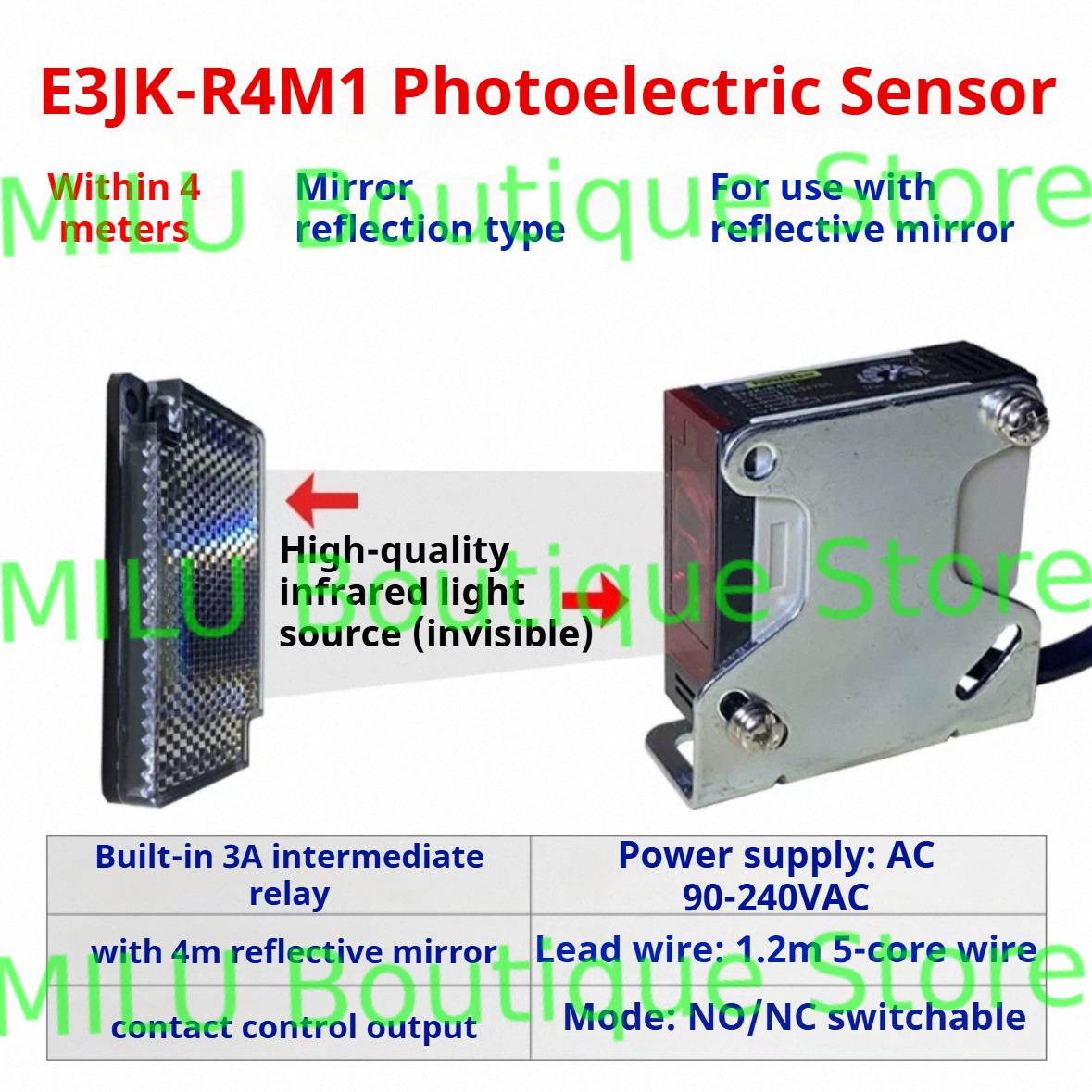 1pc E3JK-R4M1 Reflector Photoelectric Sensor Switch With Mirror Photoelectric Sensor For Garage Doors Access Control Signal