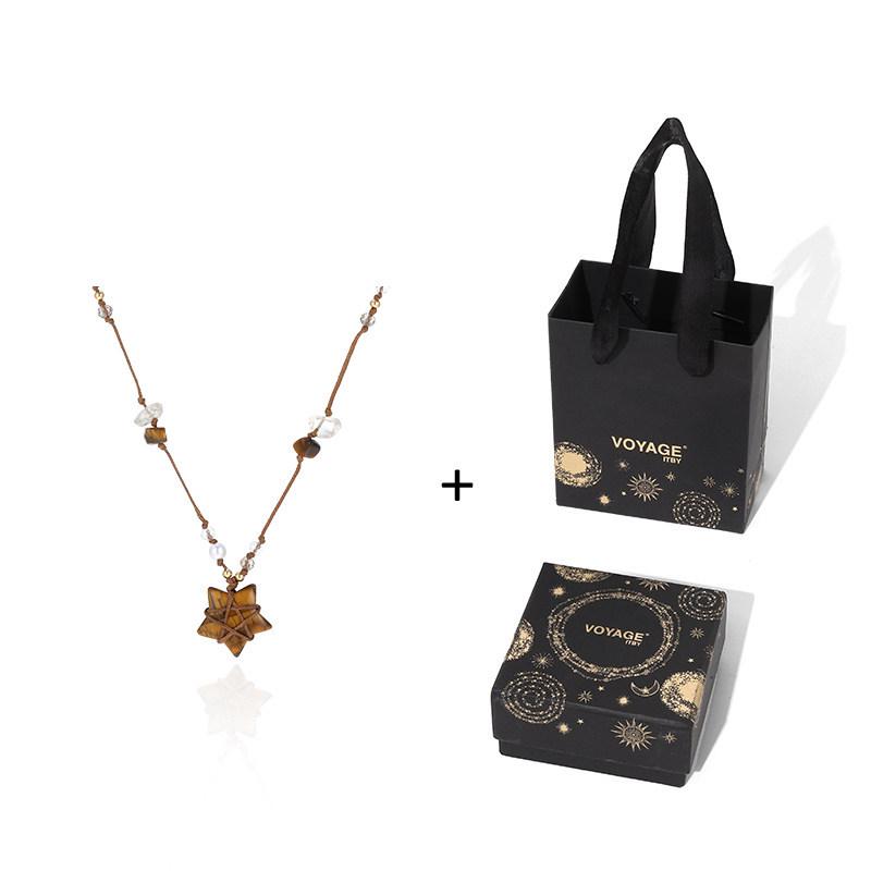 Women's Ethnic Five-Pointed Star Necklace with Tiger Eye Beads On Adjustable Cord