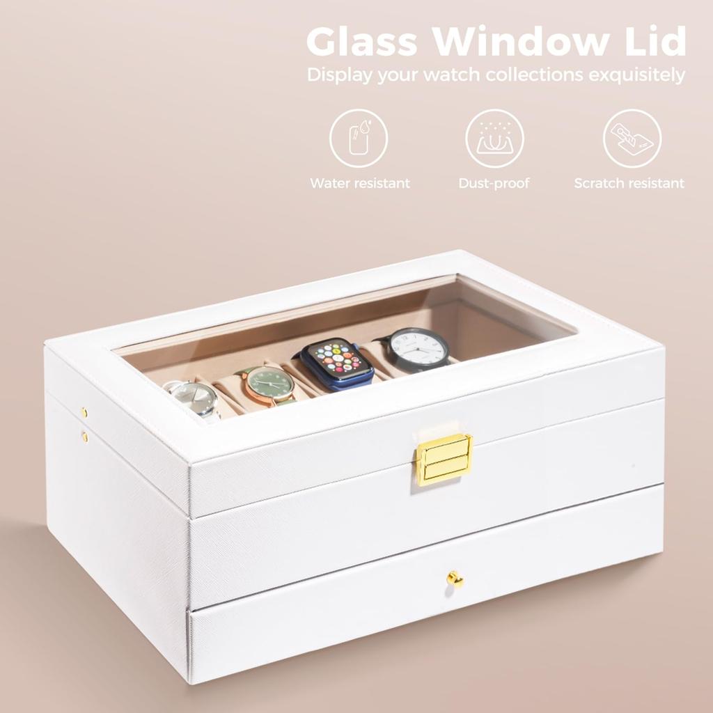 ProCase Boîte de Présentation Montres 12 Emplacements avec Boîte Montre avec Verre 2 Couches Support Organisateur de Rangement Bijoux Boîte Homme, Tiroir, Couvercle Homme,