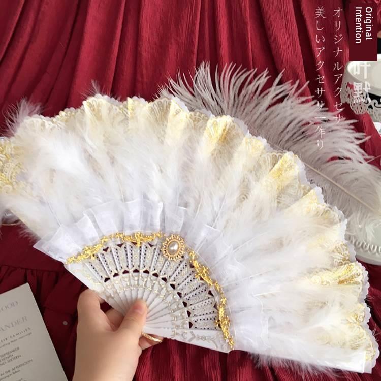 Japanese-Style Lolita Retro Black and White Lace Lolita Embossed Floral Folding Fan Tea Party Feather Fan
