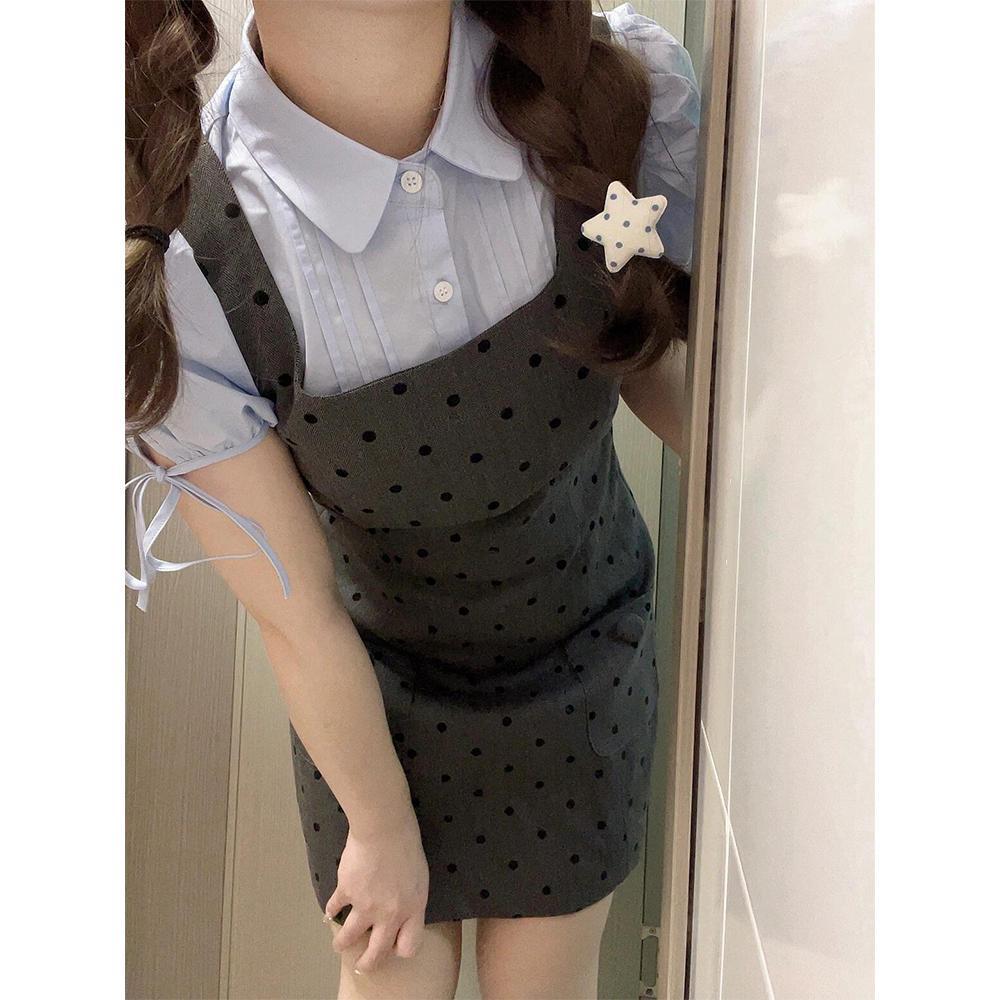 

Преппи костюм платье-майка в горошек маленькое платье женская новая летняя с коротким рукавом на бретельках рубашка XL- (recommended 110-60kg)