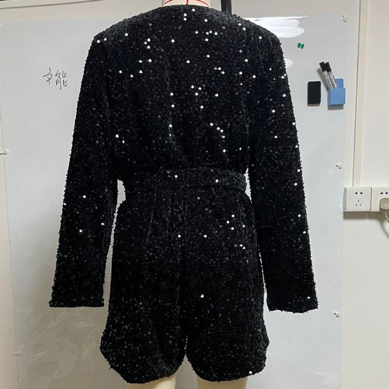 Damski Seksowny Długi Rękaw Głęboki Dekolt V Wiązany Sequined Kombinezon