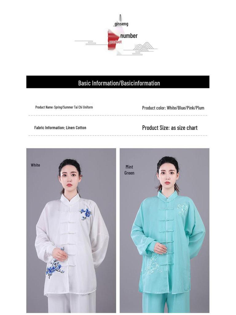 Damski Haftowany Garnitur Tai Chi - Wiosna/Jesień Płynna Bawełna Lniana, Długi Rękaw Kung Fu do Występów, Styl Chiński