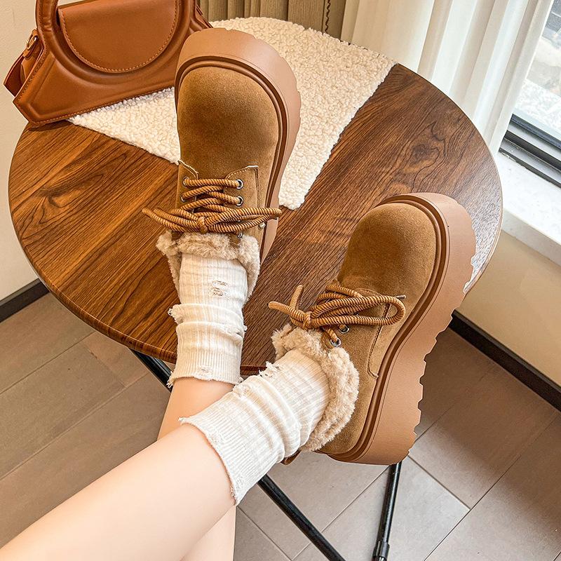 Fashion Fur Platform Women Snow Ankle Boots Suede Mid Heels Cotton Mary Janes Shoes 2025 Trend Lace Up Short Plush Winter Botas De Mujer