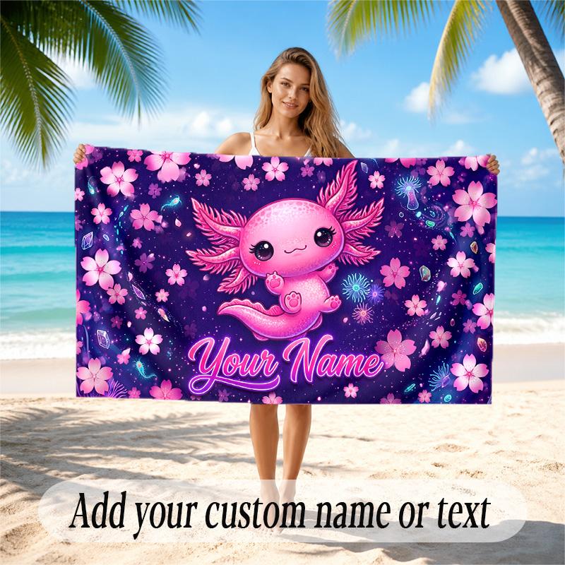 Axolotl Theme Quick Dry Beach Towel Custom Name Text Print Large Sand Resistant Towel Beach Vacation