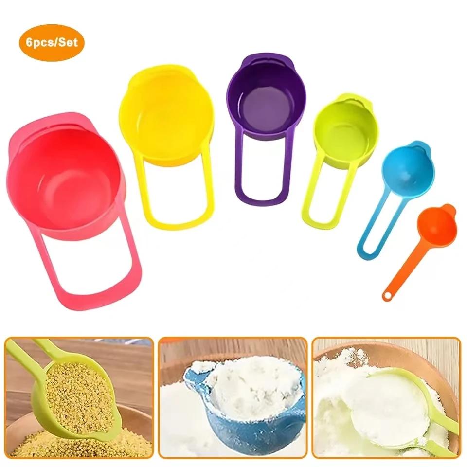 6pcs/set Rainbow Measuring Cup Scale Measuring Spoon Set Baking Accessories Kitchen Tools Colored Plastic Flour Measuring Spoon