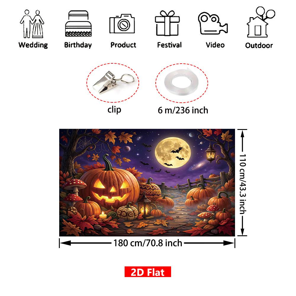 [2D Flat] 1 piece, spine-tingling Halloween backdrop banner, with pumpkin full moon and autumn leaves pattern, terrifyingzyc