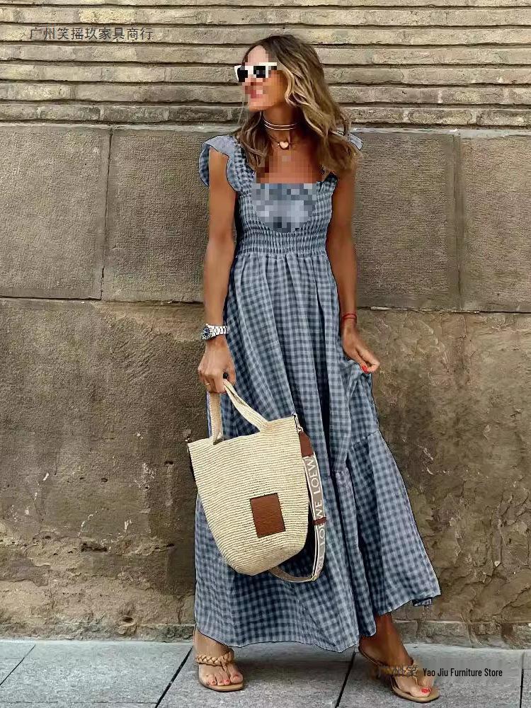 European American Women's Retro Plaid Sleeveless Maxi Dress with Thin Straps & Ruffles