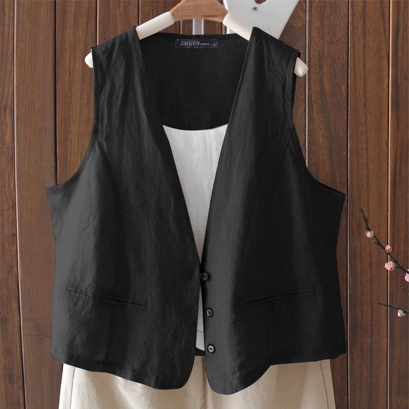 

ZANZEA Женские летние жилеты без рукавов с V-образным вырезом и карманами на пуговицах S чёрный