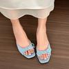 Fashion New Comfortable Low Heel Square Head Sandals Sweet Bow Silk Thick Heel Slippers for Ladies Outwear Blue Slides