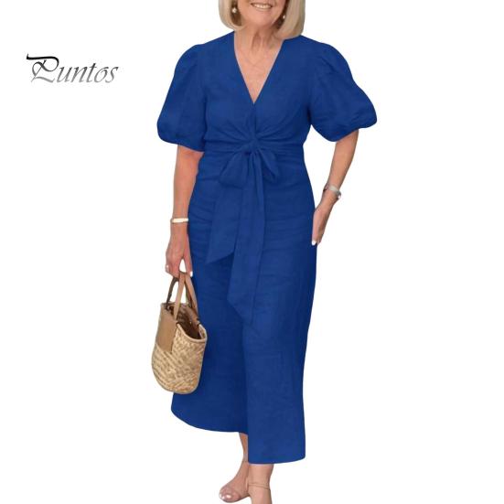 Summer Maxi Dress V Neck Lace-up Waist Bubble Sleeves Solid Color Loose Long Dress for Daily Life Date Work Party