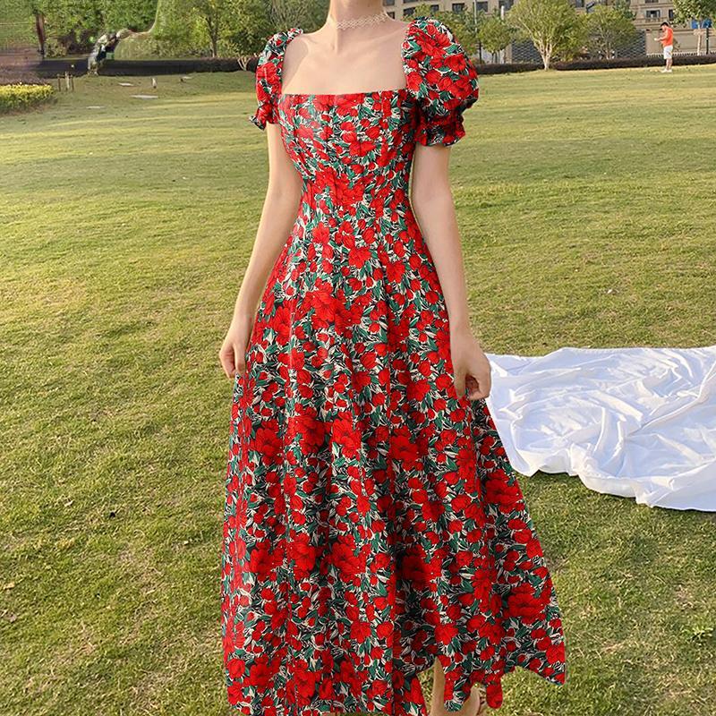 

Повседневное летнее платье с квадратным воротником и коротким рукавом с цветочным принтом