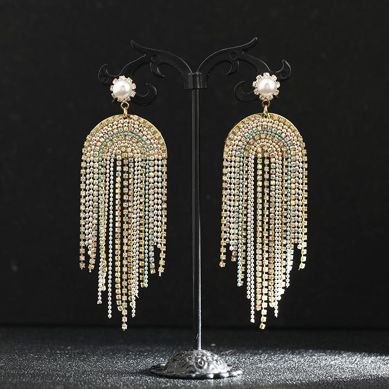 

S925 silver needle rainbow crystal fringed stud earrings femininity high-end long earrings diamond-set light luxury personalized earrings