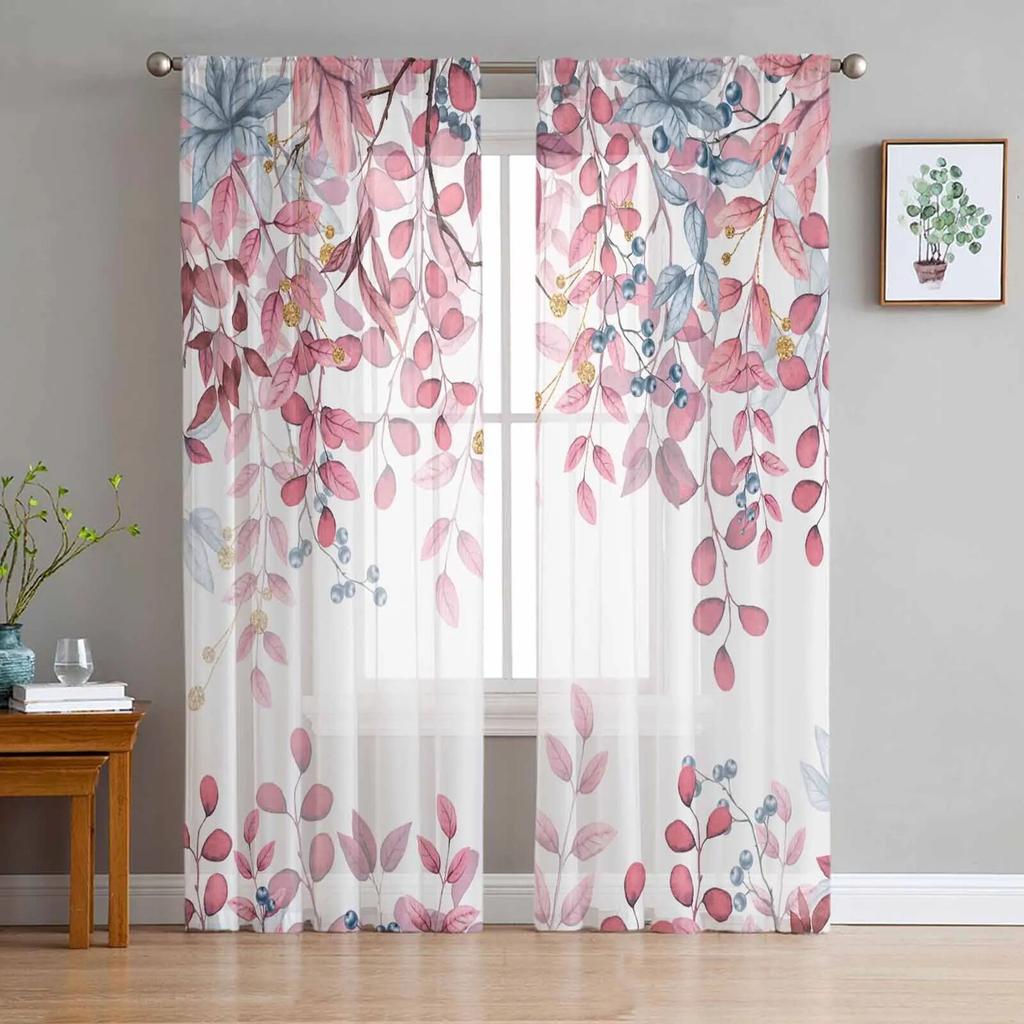 Abstrakte salbeigrüne Blätter Zweige Tüllvorhänge für Wohnzimmer, transparenter Vorhang für Schlafzimmer, Küche, Jalousien, Voile-Vorhänge