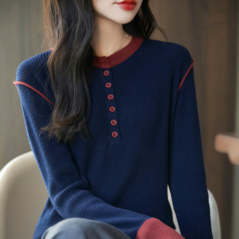 

Женский вязаный пуловер с цветными блоками, облегающего кроя - с длинным рукавом, круглым вырезом, осенний модный свитер L (110-130 jin)