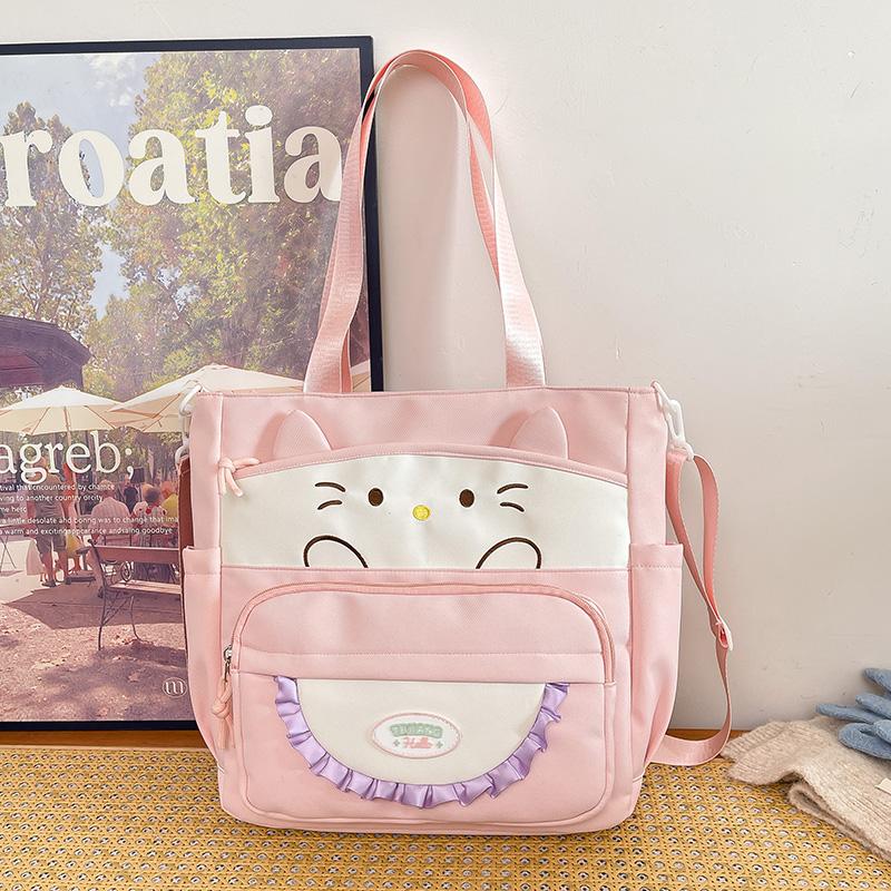 Cartoon Cat Crossbody Bag College Style Large Capacity Shoulder Tote Bag Student Class Book Bag