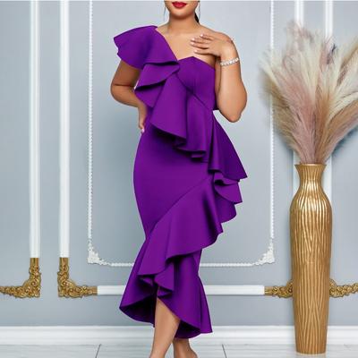 Women's Fashion Temperament Diagonal Neckline Ruffled Party Fishtail Skirt Temperament Dress