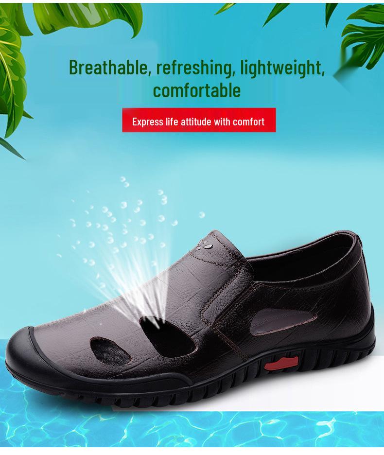 Men's Black Genuine Leather Breathable Slip-On Loafers