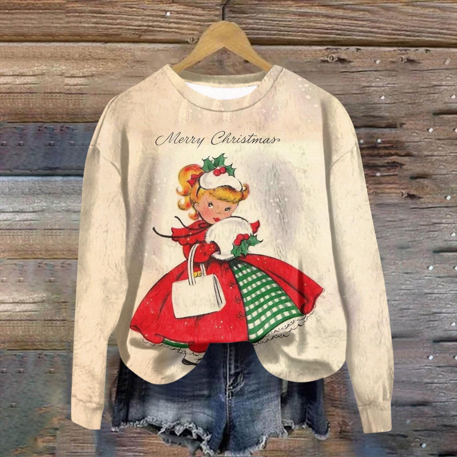 

Женская повседневная мода рождественский принт длинный рукав O-образный вырез пуловер толстовки S бежевый