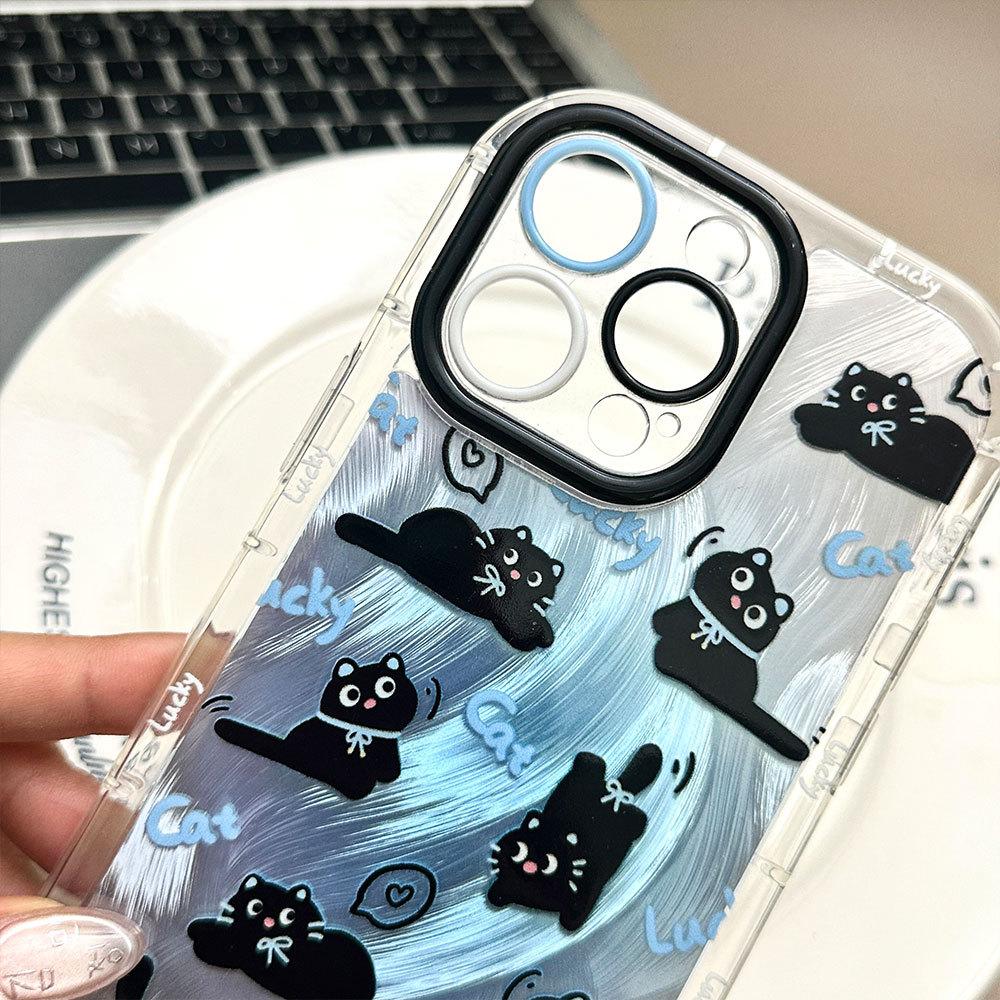 Gradually Dyed Feather Yarn Small Black Cat Food Suitable for Apple 16 Protective Cover Iphone15 Mobile Phone Case 14 Soft Edge 13 Niche