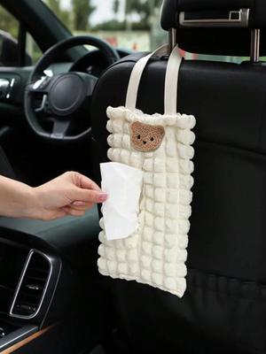 Luxury Quilted Car Tissue Box, Cute Bear Pattern – Hanging Tissue Bag, Large Capacity, Soft Fabric, Car Decor Accessory