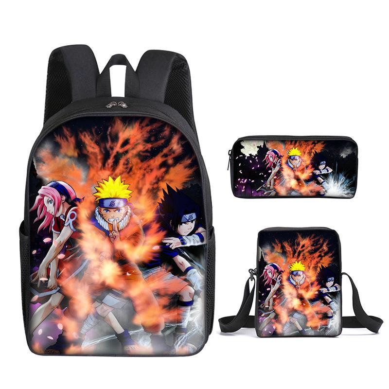 Naruto Naruto Rucksack Dreiteiliges Set, Schulranzen für Grund- und Sekundarschule, Umhängetasche, Messenger Bag, Federmäppchen.