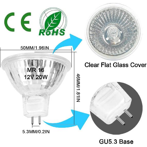 MR16 Halogenlampe 20W Dimmbar 12V GU5.3 Bi-Pin Sockel Strahler mit Langer Lebensdauer, 2700K Warmweiß MR16 Lampen mit Klarem Glasabdeckung für Landschaft,