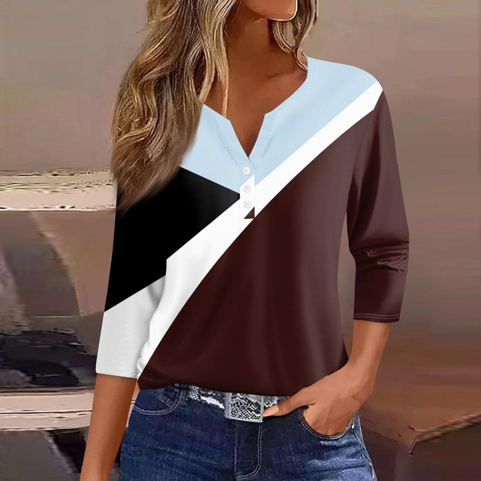 

Женская футболка с принтом на пуговицах, рукав 3/4, туника, повседневная мода на выходные, базовый топ с V-образным вырезом XXL синий