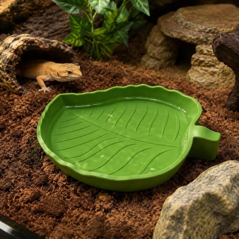 Molded Plant-Form Bowl Pair for Small Herps, Textured Plastic Dishes with Open Interiors for Food or Drinking Water