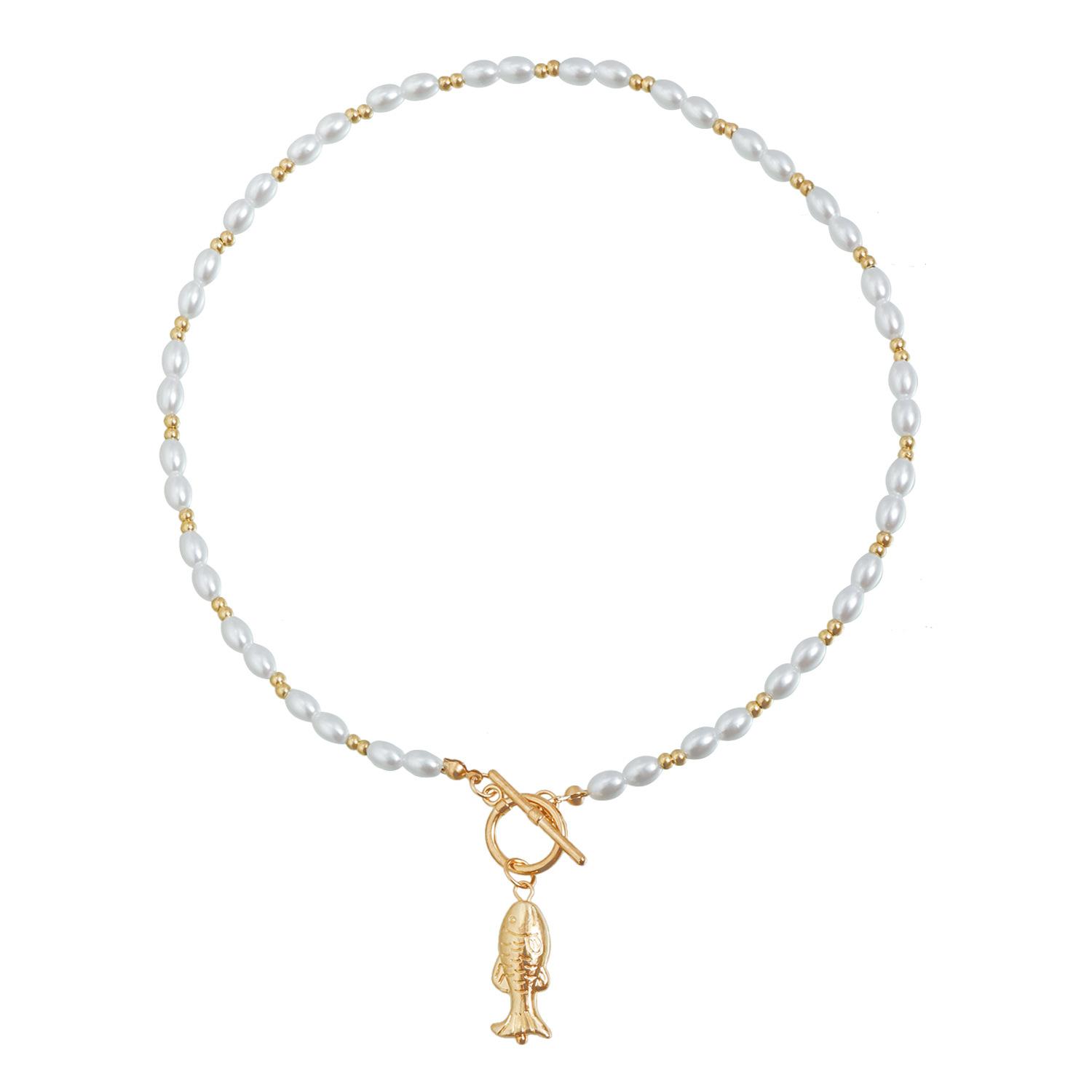 

European and American jewelry personalized creative novelty fish-shaped pendant necklace women s small imitation pearl beaded OT золотой