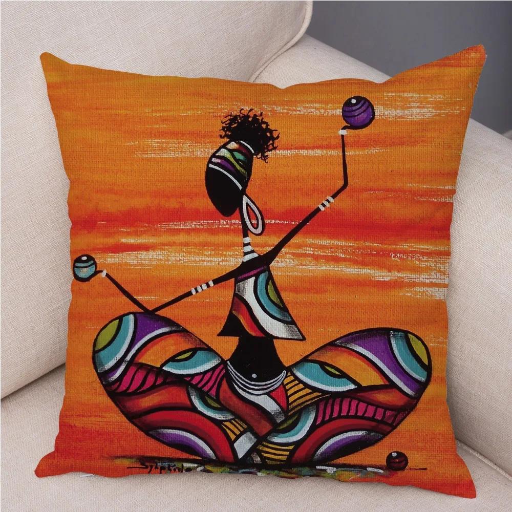 African Woman Soft Plush Cushion Cover for Sofa Home Decor Orange Abstract Painting Pillow Case Africa Life Collection Pillowcae