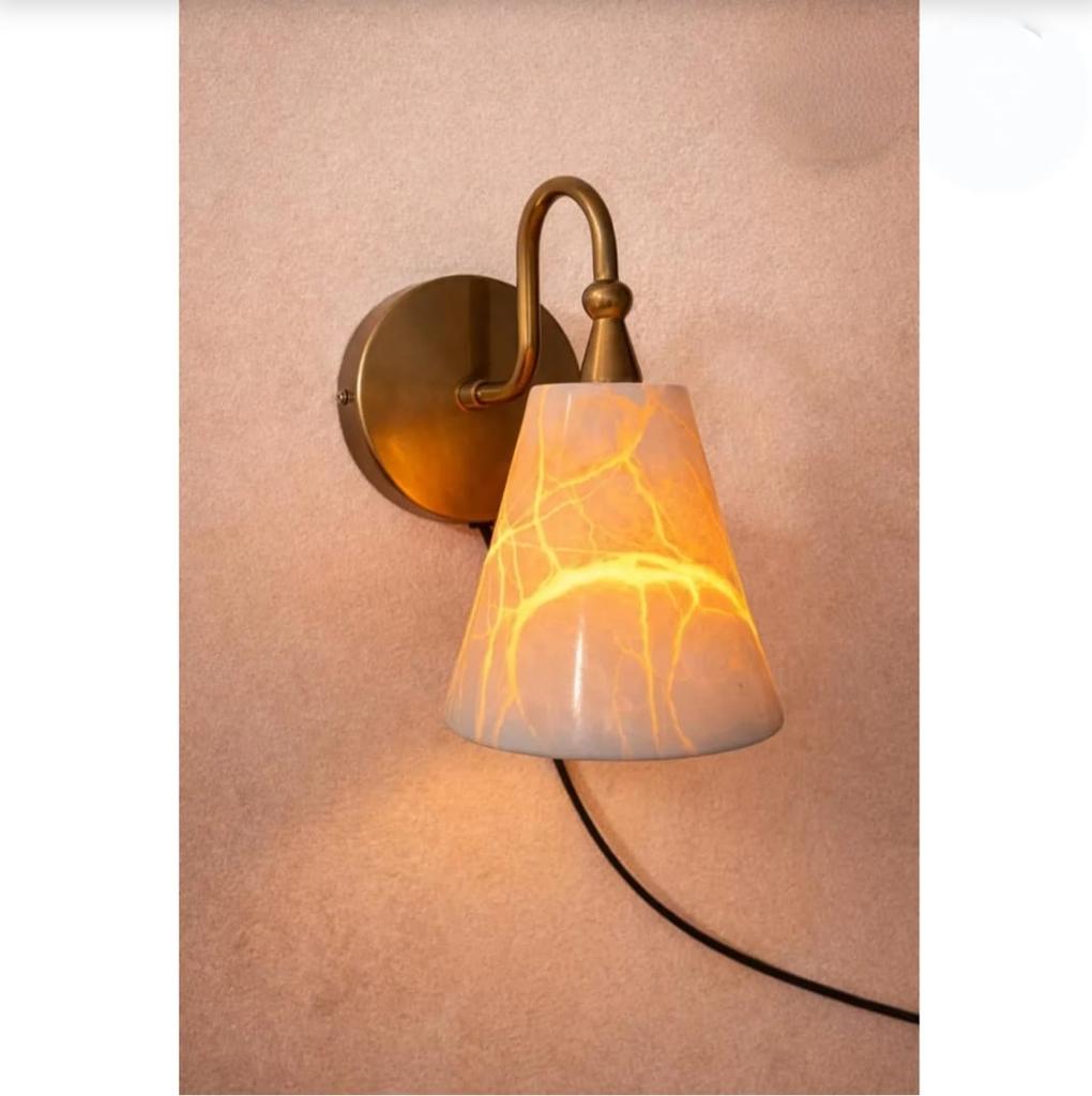 Mid Century Modern Vintage Brass Wall Sconce Alabaster Stone Glass Light Bedside & Bedroom Wall Lamp Luxury Handmade Home Decor Lighting