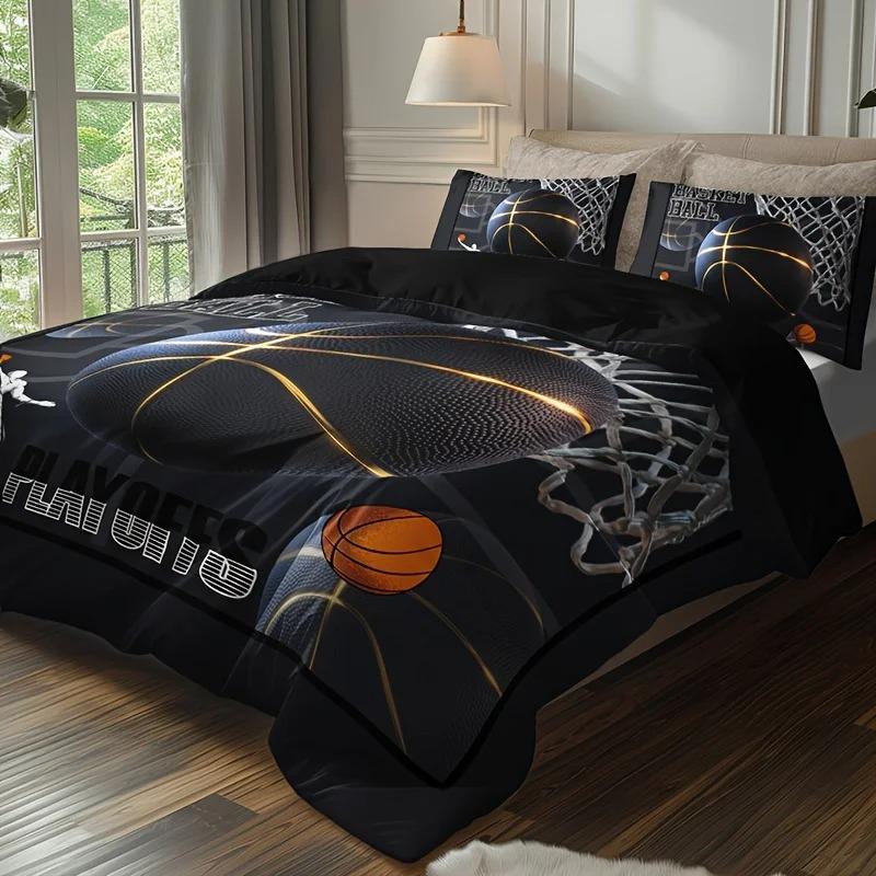 3pcs Vibrant Sports Basketball Duvet Cover Pillowcase Bedding Set Youth Kids Girl Boys Birthday Bedroom Decoration Full Size