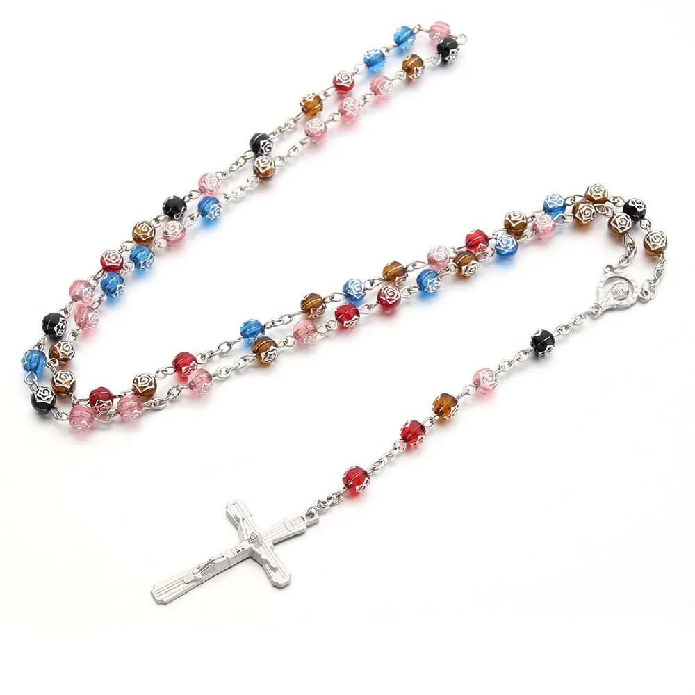 6MM Acrylic Rosary Necklaces For Women Men Rose Beads Long Chain Crucifix Cross Pendant Religious Praye Jewelry