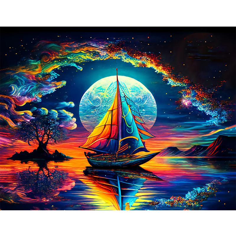 

Круглый бриллиант 5D DIY Алмазная живопись «Расписное звездное небо и корабль» Вышивка крестом Мозаика Украшение Подарок 20x30cm