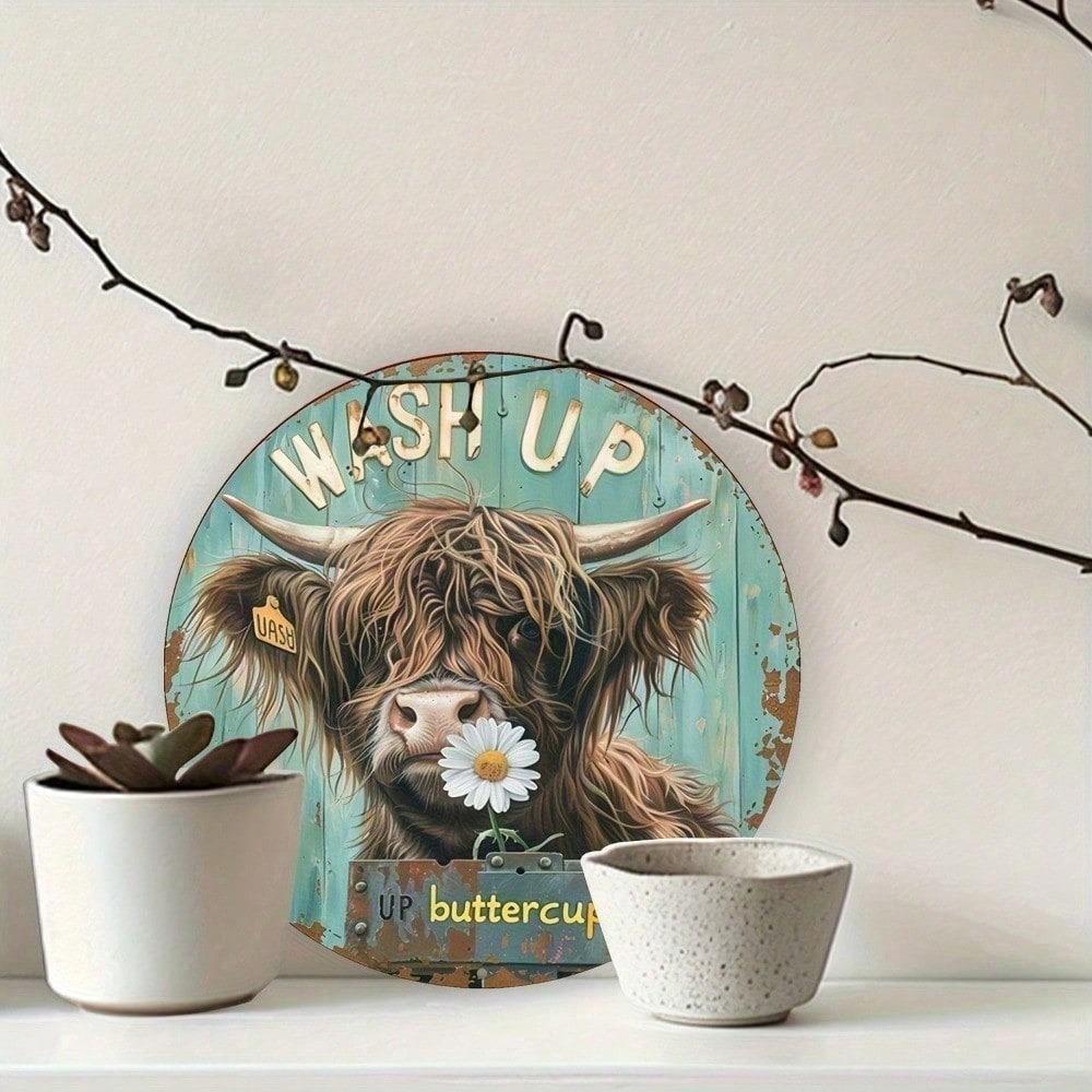 Rustic Highland Cow Metal Wall Art 20 cm Farmhouse Aluminum Sign for Bathroom Kitchen Home Decor