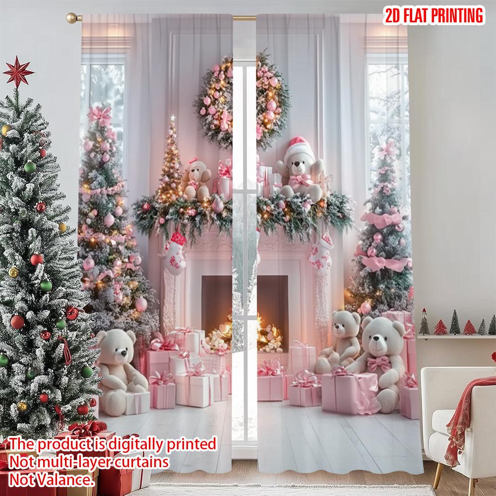 

Set Of 2 Flat Printing Merry Christmas Popular Curtains Pink Fireplace Versatile Fabric Without Electricity Party Decorations Use Curtain Polyester W100*H70(CM)-Rod Pocket&2PCS