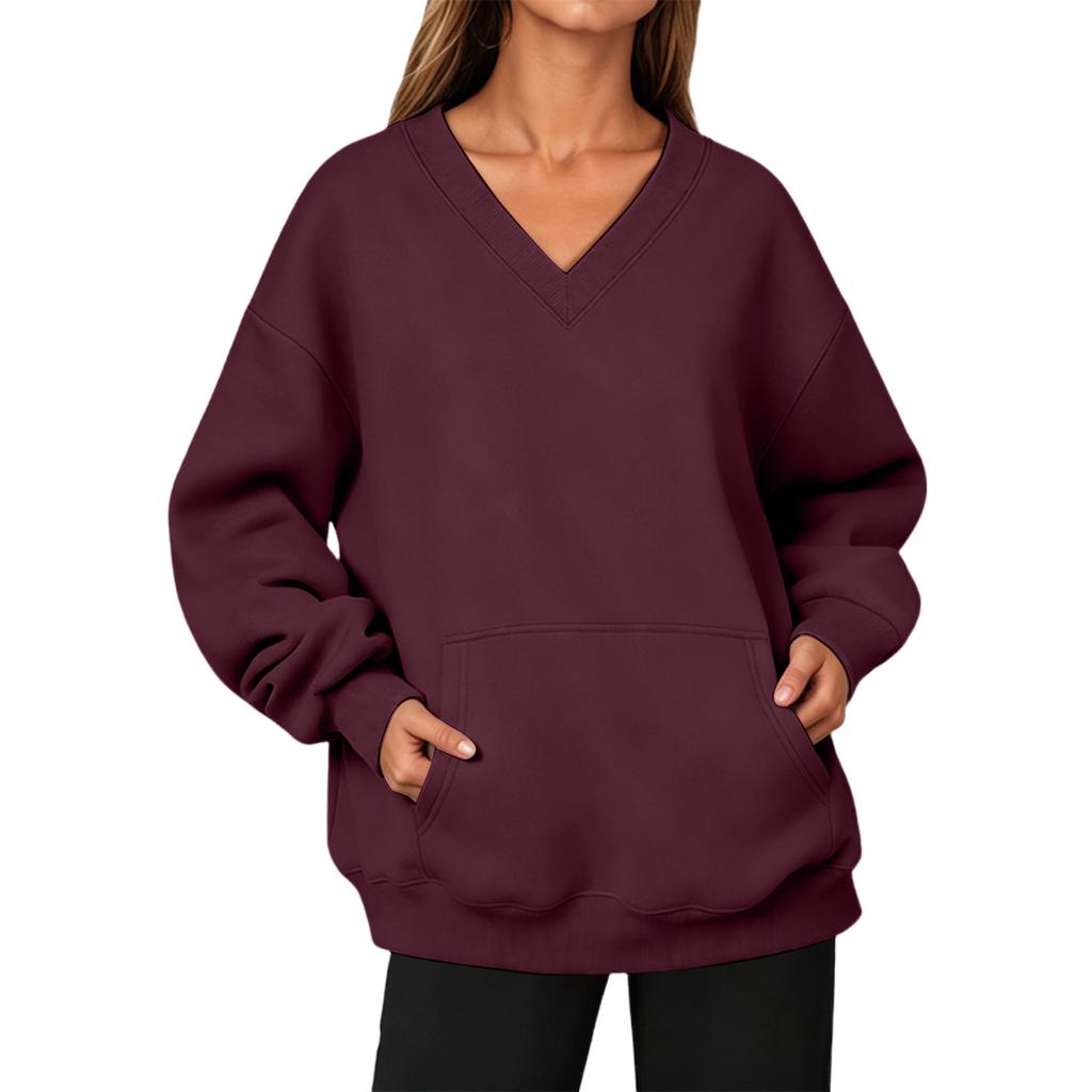 Women’s V Neck Long Pullover Sweatshirt with Pocket Loose Fit Casual Long Sleeve Top for Autumn and Winter