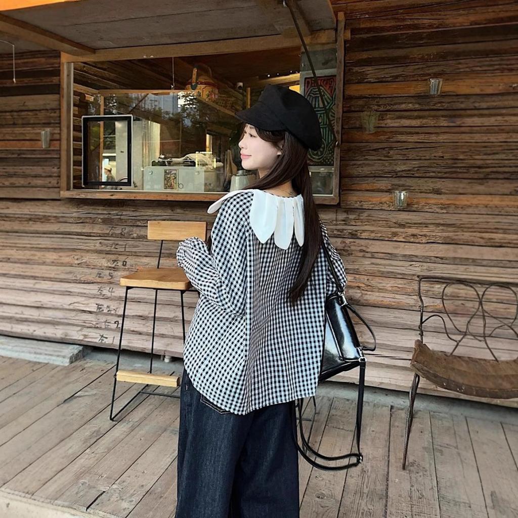 Kunst Petal Kragendesign Japanisches Retro Karomusterhemd Damen Frühling Neu Nische Schick Gestapeltes Top