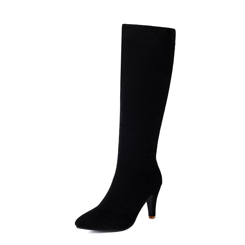 FOREADA Women Knee High Boots Pointed Toe Kitten High Heels Zipper Long Boots Ladies Fashion Shoes Autumn Winter Beige 46