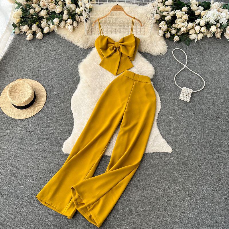 

Pure Color Bows Tube Top Split Wide Leg Pants Summer Wear Yellow All yards
