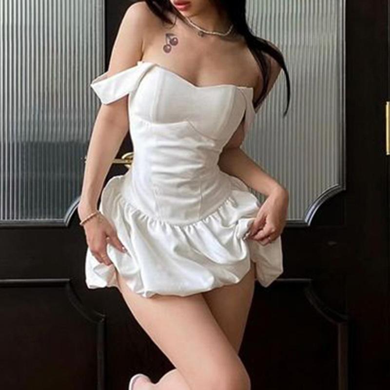 Pure Desire Style Bow Tied Flower Bud Short Skirt White Sexy Hot Girl Waistless Satin Suspender Dress for Women