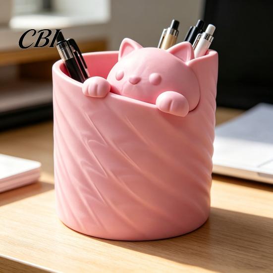Pen Container 3D Printed Holder, Cat Shape Large Capacity Hollow Barrel Desk Organizer for Gel Pens Pencils Makeup Brushes, Cute Girlish Decor